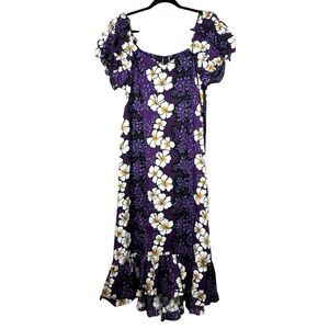 Hilo Hattie Vintage Bark Cloth Maxi Dress Purple Tropical Hibiscus Puff Sleeve M